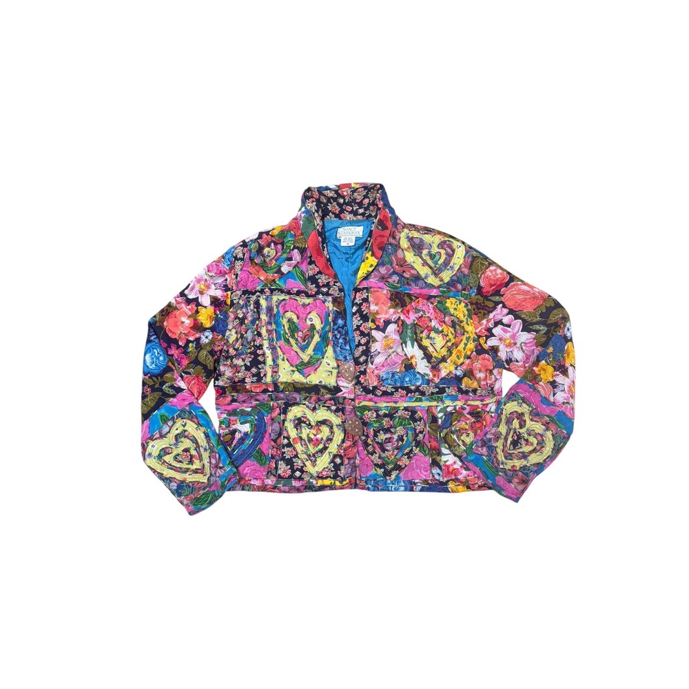 Sandy Starkman Vintage Patchwork Heart Floral Quilted Rayon Jacket Womens Medium